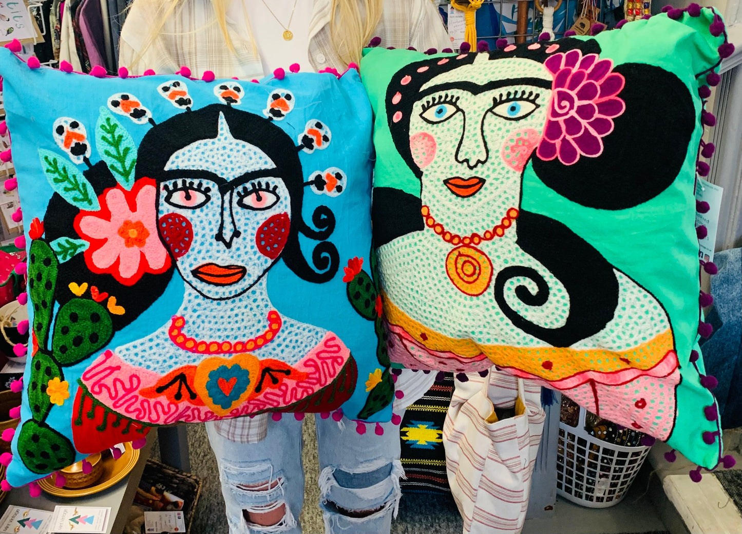Beautiful handmade frida Kahlo design multicoloured embroidered cushion with Pom Pom trim