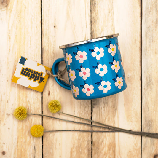 Beautiful Colourful Ocean Blue Retro Floral Enamel Mug